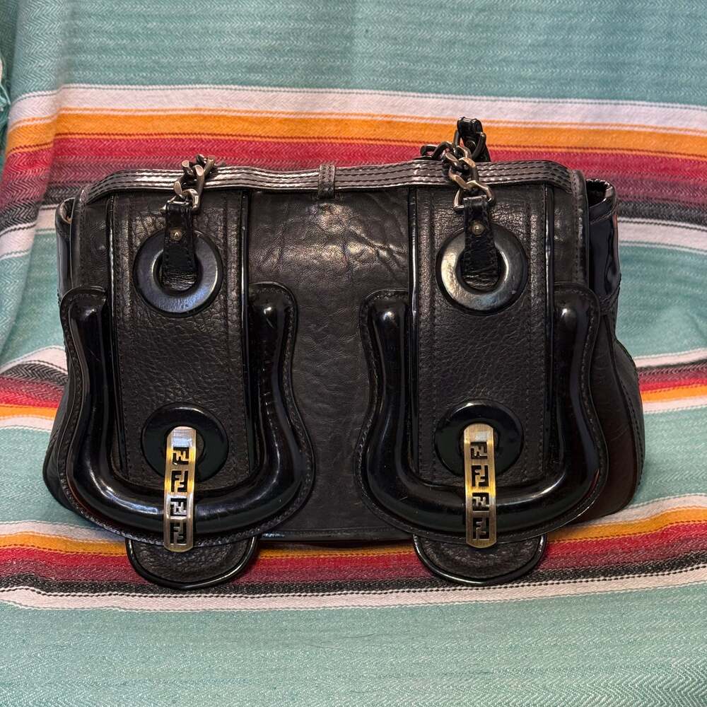 Fendi B Bag Black Leather with Patent Trim and Oversized Buckles